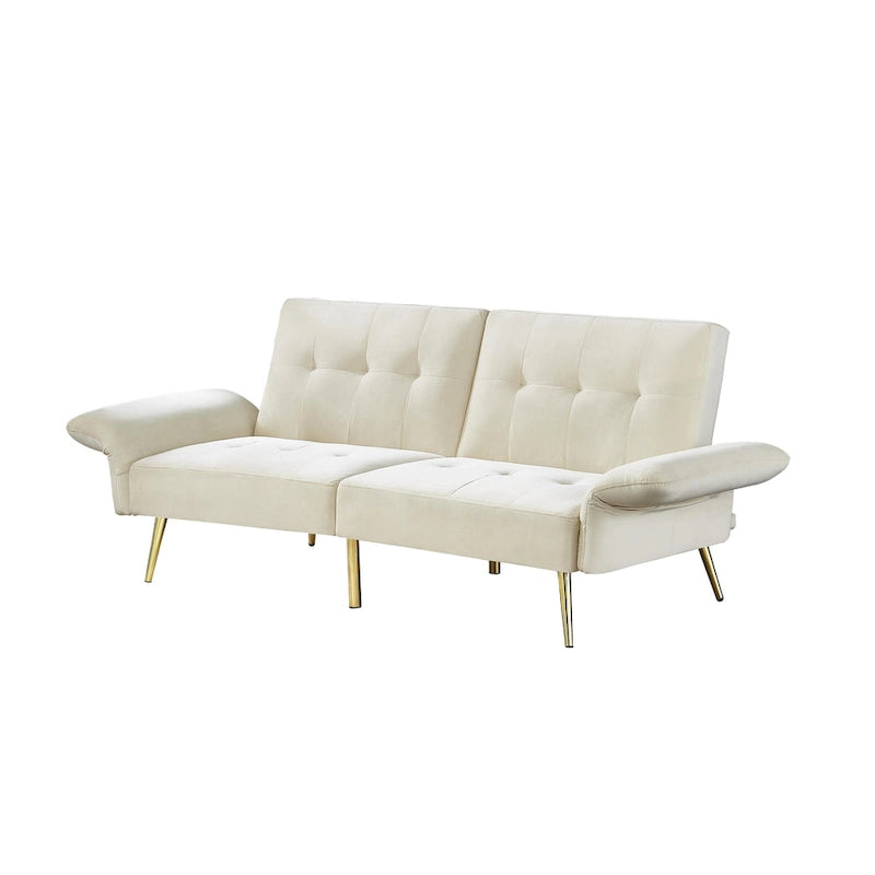 Italian Velvet Convertible Sleeper Sofa Bed with with Folded Armrests and Storage Bags
