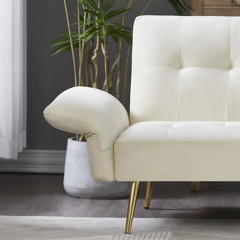 Italian Velvet Convertible Sleeper Sofa Bed with with Folded Armrests and Storage Bags