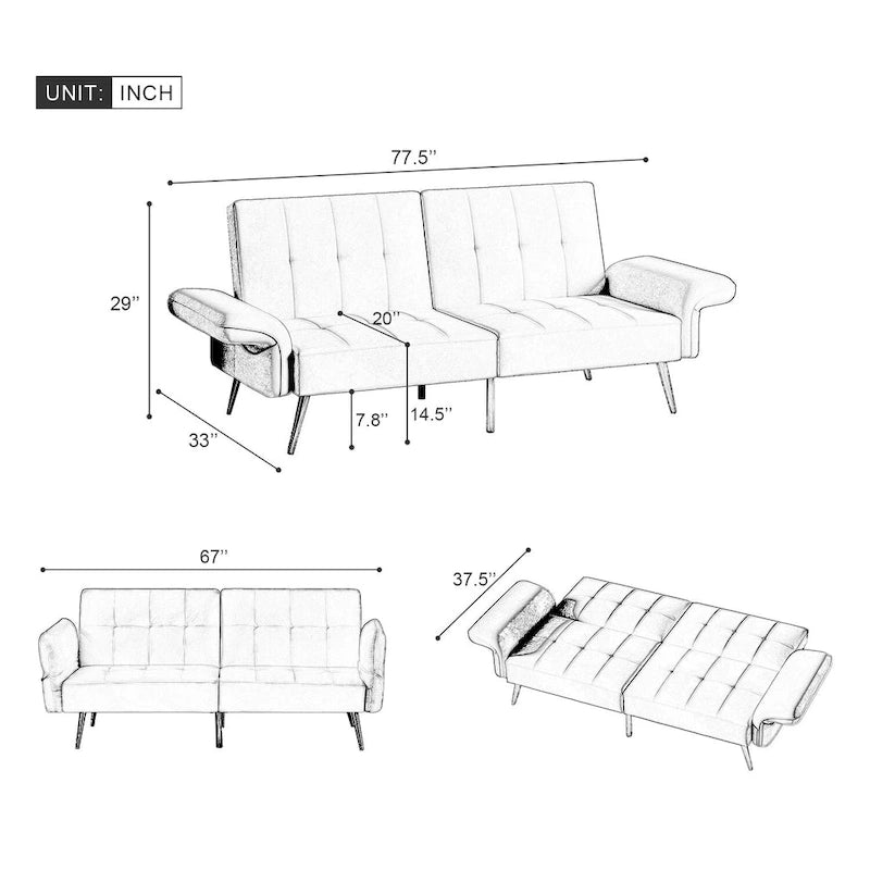 Italian Velvet Convertible Sleeper Sofa Bed with with Folded Armrests and Storage Bags