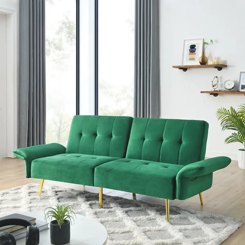 Italian Velvet Convertible Sleeper Sofa Bed with with Folded Armrests and Storage Bags