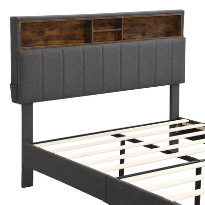 Full size Upholstered Platform Bed with Storage Headboard and USB Port