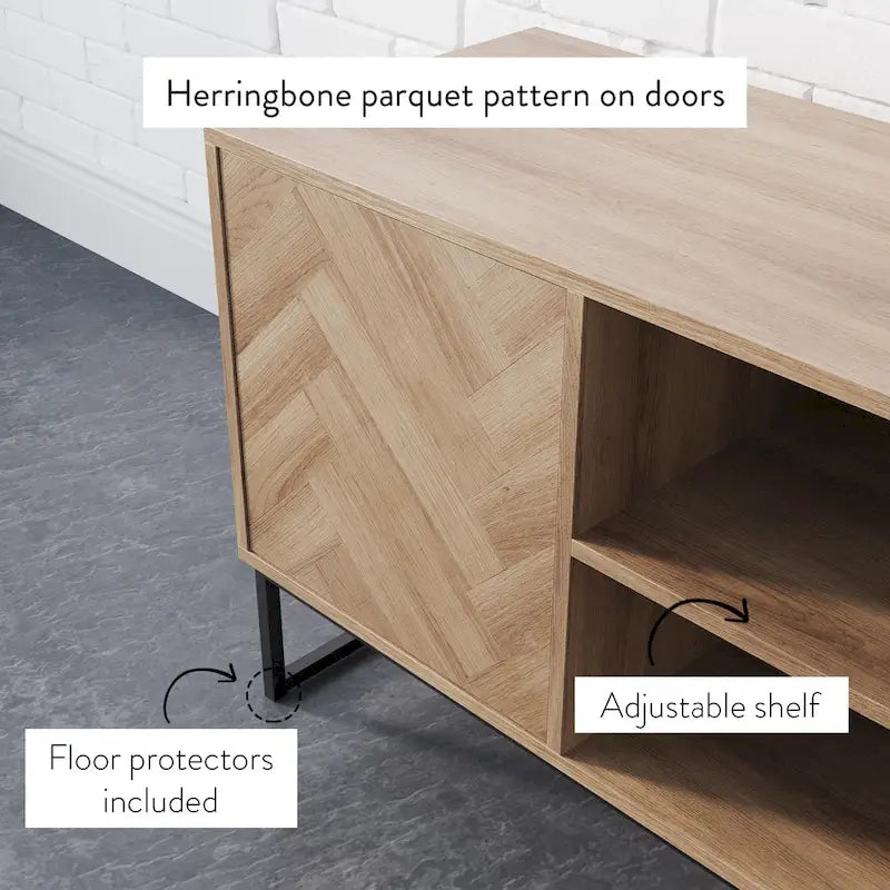Nathan James Dylan Media Console Cabinet TV Stand with Hidden Storage Herringbone Pattern Wood Metal - 47 inches in width
