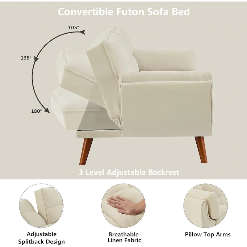 75.39 IN. Futon Sofa Bed, Convertible Upholstered Couch Sleeper with Reclining Sleeper Split Tufted Back