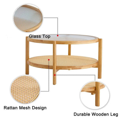 Modern Minimalist Glass Circular Double-layer Solid Wood Coffee Table