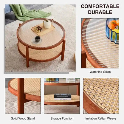 Modern Minimalist Glass Circular Double-layer Solid Wood Coffee Table