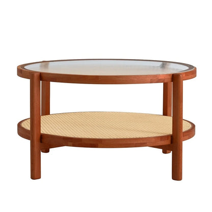 Modern Minimalist Glass Circular Double-layer Solid Wood Coffee Table