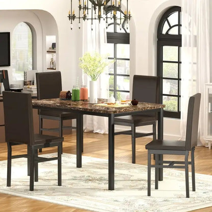 Modern Kitchen Dining Table Set for 4, Faux Marble Dining Set with 4 PU Leather Upholstered Chairs for Living Room, Kitchen