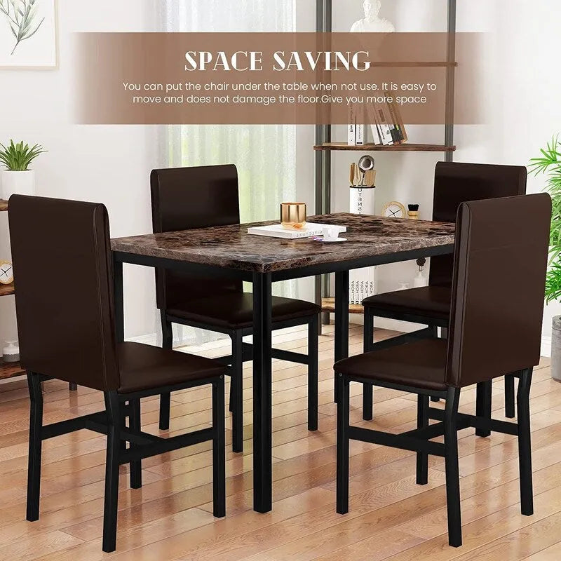 Modern Kitchen Dining Table Set for 4, Faux Marble Dining Set with 4 PU Leather Upholstered Chairs for Living Room, Kitchen