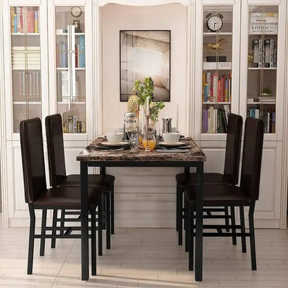 Modern Kitchen Dining Table Set for 4, Faux Marble Dining Set with 4 PU Leather Upholstered Chairs for Living Room, Kitchen