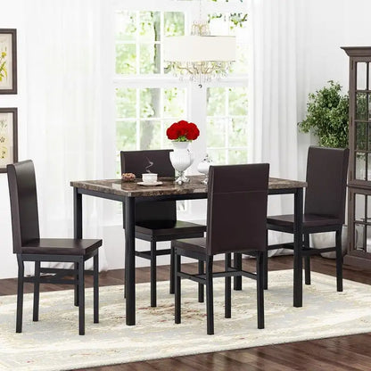 Modern Kitchen Dining Table Set for 4, Faux Marble Dining Set with 4 PU Leather Upholstered Chairs for Living Room, Kitchen