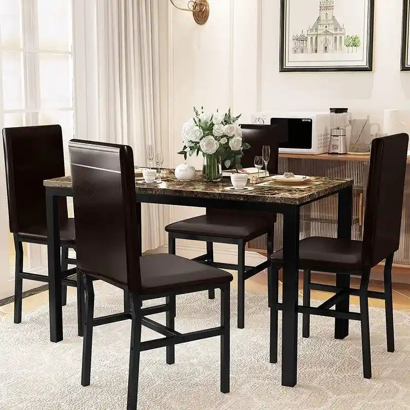 Modern Kitchen Dining Table Set for 4, Faux Marble Dining Set with 4 PU Leather Upholstered Chairs for Living Room, Kitchen