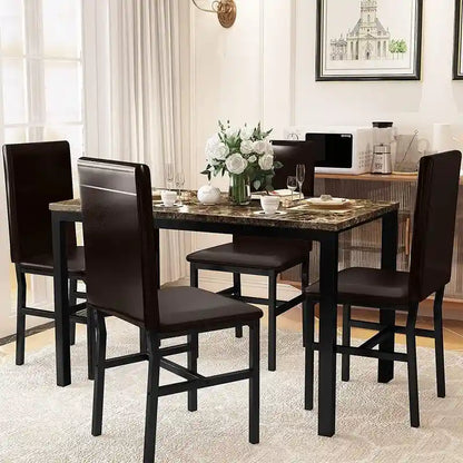 Modern Kitchen Dining Table Set for 4, Faux Marble Dining Set with 4 PU Leather Upholstered Chairs for Living Room, Kitchen