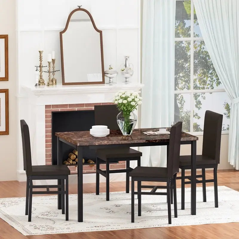 Modern Kitchen Dining Table Set for 4, Faux Marble Dining Set with 4 PU Leather Upholstered Chairs for Living Room, Kitchen