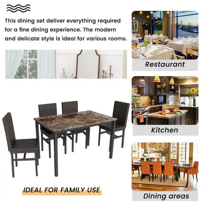 Modern Kitchen Dining Table Set for 4, Faux Marble Dining Set with 4 PU Leather Upholstered Chairs for Living Room, Kitchen