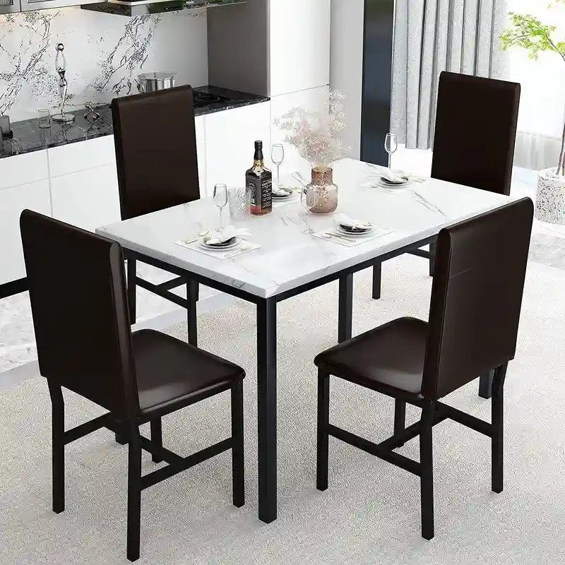 Modern Kitchen Dining Table Set for 4, Faux Marble Dining Set with 4 PU Leather Upholstered Chairs for Living Room, Kitchen