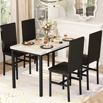 Modern Kitchen Dining Table Set for 4, Faux Marble Dining Set with 4 PU Leather Upholstered Chairs for Living Room, Kitchen