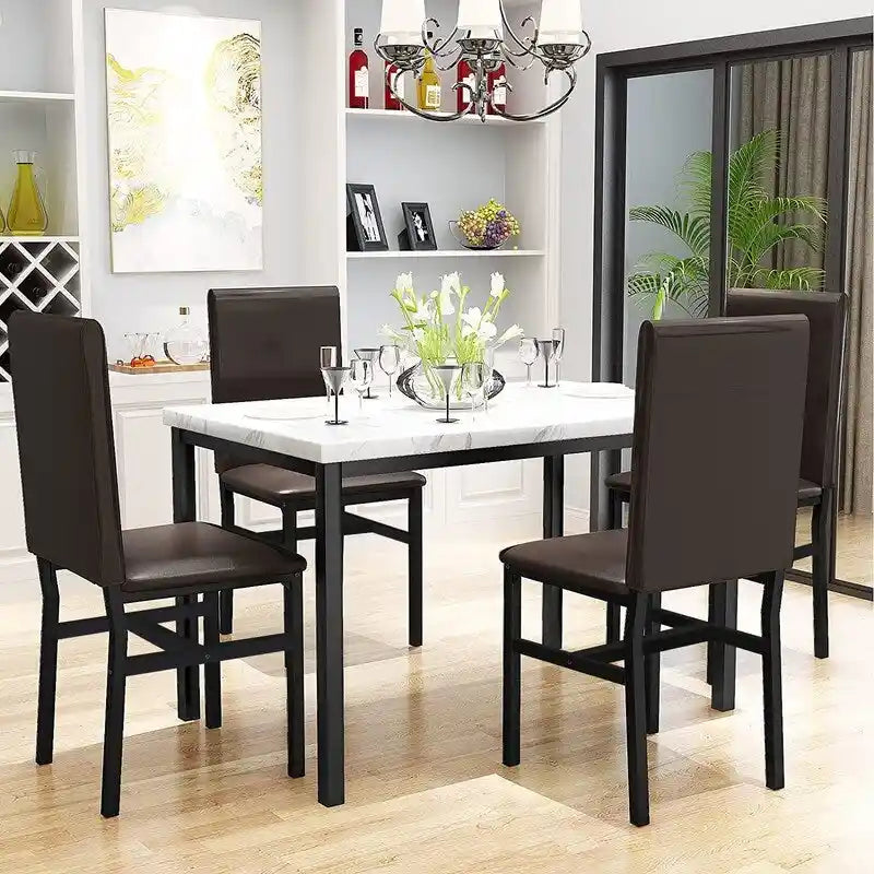 Modern Kitchen Dining Table Set for 4, Faux Marble Dining Set with 4 PU Leather Upholstered Chairs for Living Room, Kitchen