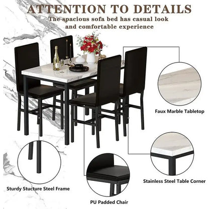 Modern Kitchen Dining Table Set for 4, Faux Marble Dining Set with 4 PU Leather Upholstered Chairs for Living Room, Kitchen
