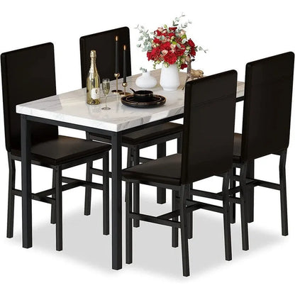 Modern Kitchen Dining Table Set for 4, Faux Marble Dining Set with 4 PU Leather Upholstered Chairs for Living Room, Kitchen