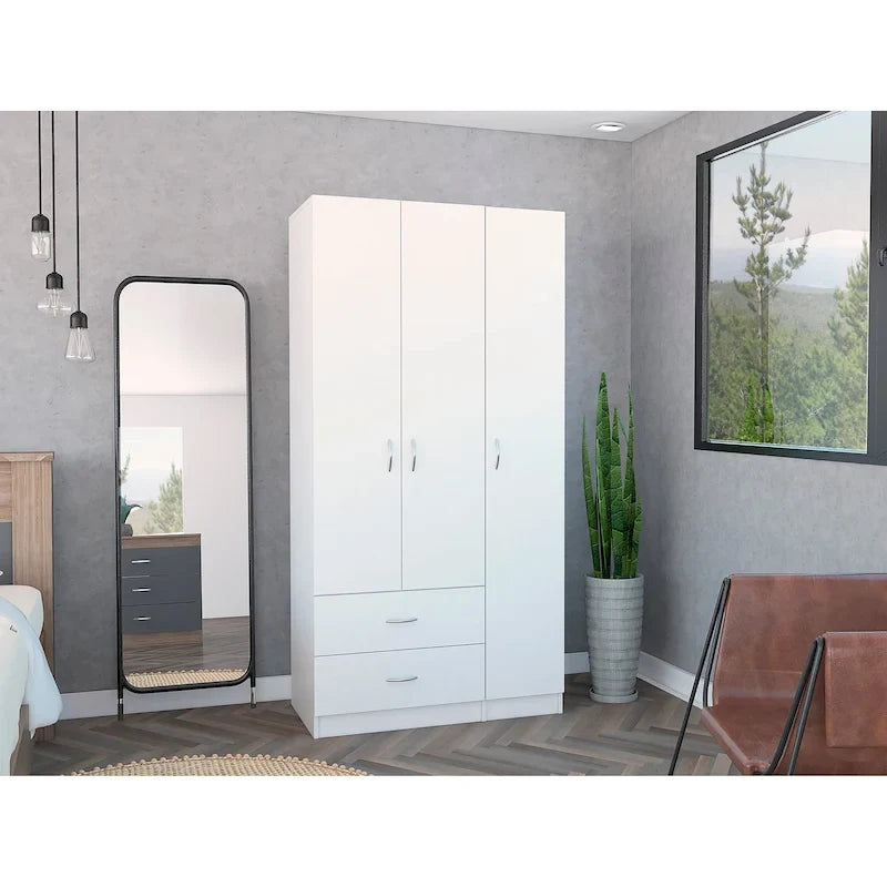 FM Furniture Eureka 3 Door Armoire with 2 Drawers, Inner Shelves, and Rod
