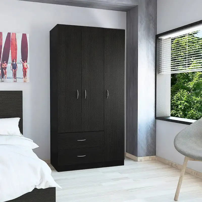 FM Furniture Eureka 3 Door Armoire with 2 Drawers, Inner Shelves, and Rod