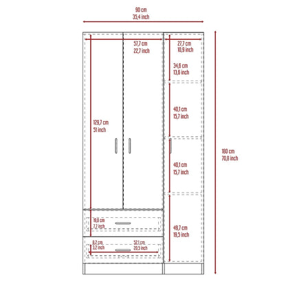 FM Furniture Eureka 3 Door Armoire with 2 Drawers, Inner Shelves, and Rod