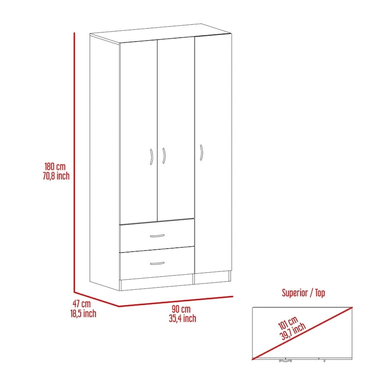 FM Furniture Eureka 3 Door Armoire with 2 Drawers, Inner Shelves, and Rod