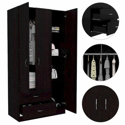 FM Furniture Eureka 3 Door Armoire with 2 Drawers, Inner Shelves, and Rod