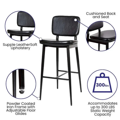 Set of 2 LeatherSoft Barstools with Iron Frame-Integrated Footrest