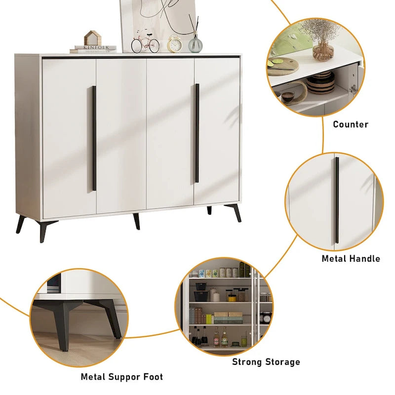 4 Door White Entryway Shoes Storage Cabinet Adjustable Shelf Sideboard