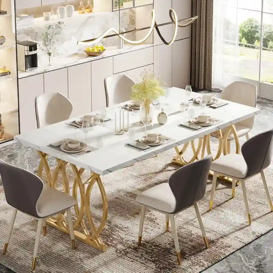 Modern Dining Table for 4-6 People, 63 Large Kitchen Table with Faux Marble Tabletop