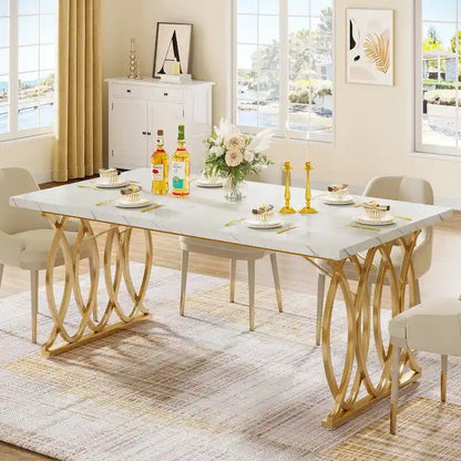 Modern Dining Table for 4-6 People, 63 Large Kitchen Table with Faux Marble Tabletop