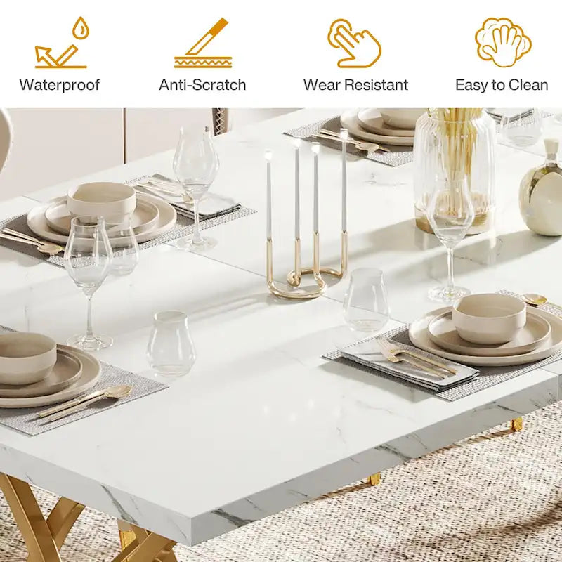 Modern Dining Table for 4-6 People, 63 Large Kitchen Table with Faux Marble Tabletop