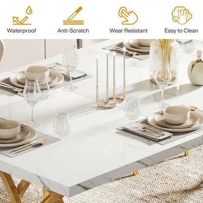 Modern Dining Table for 4-6 People, 63 Large Kitchen Table with Faux Marble Tabletop