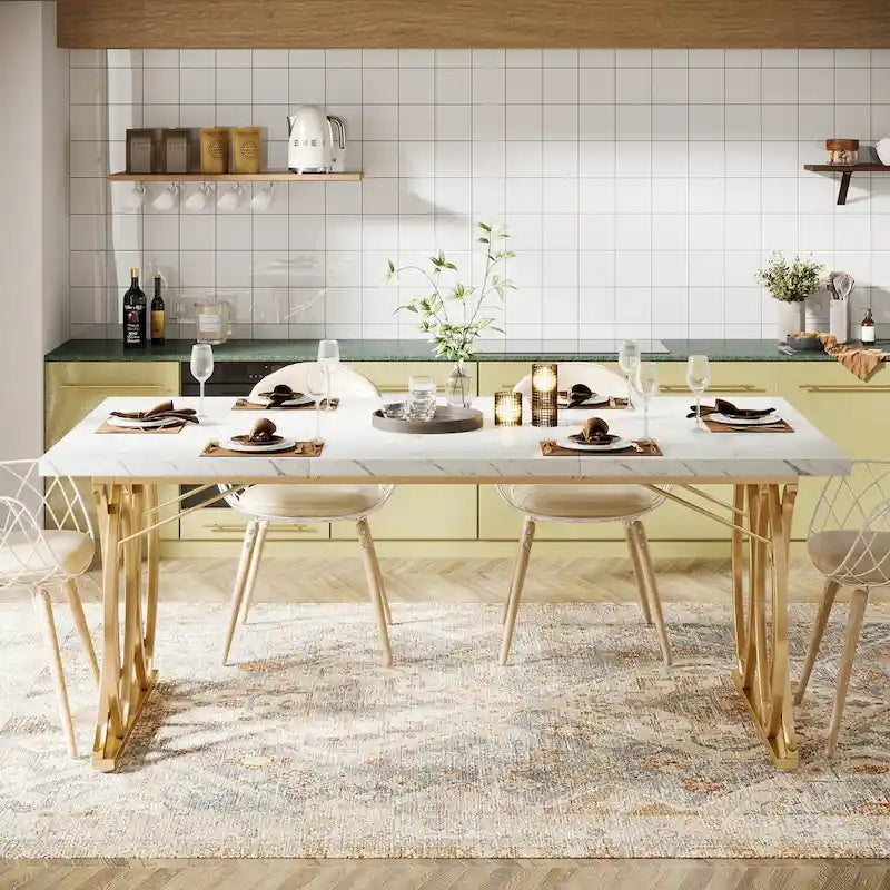 Modern Dining Table for 4-6 People, 63 Large Kitchen Table with Faux Marble Tabletop