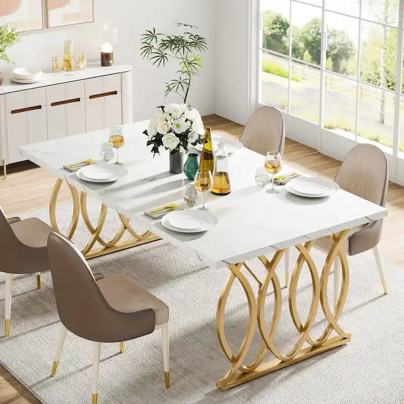 Modern Dining Table for 4-6 People, 63 Large Kitchen Table with Faux Marble Tabletop