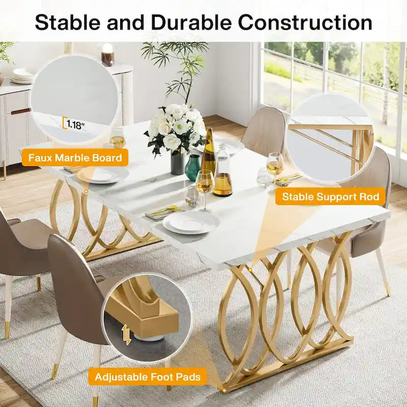 Modern Dining Table for 4-6 People, 63 Large Kitchen Table with Faux Marble Tabletop
