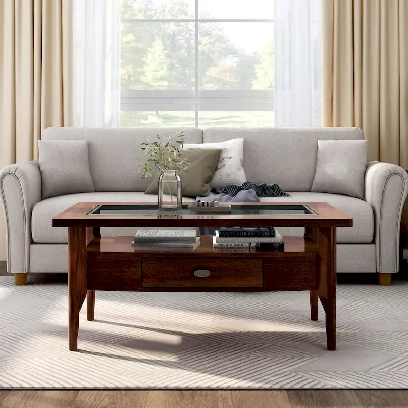 Genoas Traditional Walnut 44-inch 1-Drawer Glass Coffee Table by Furniture of America