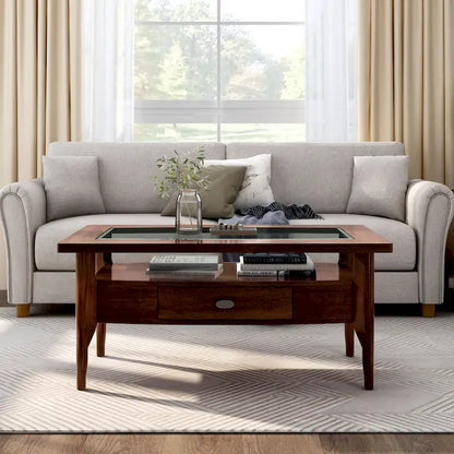 Genoas Traditional Walnut 44-inch 1-Drawer Glass Coffee Table by Furniture of America