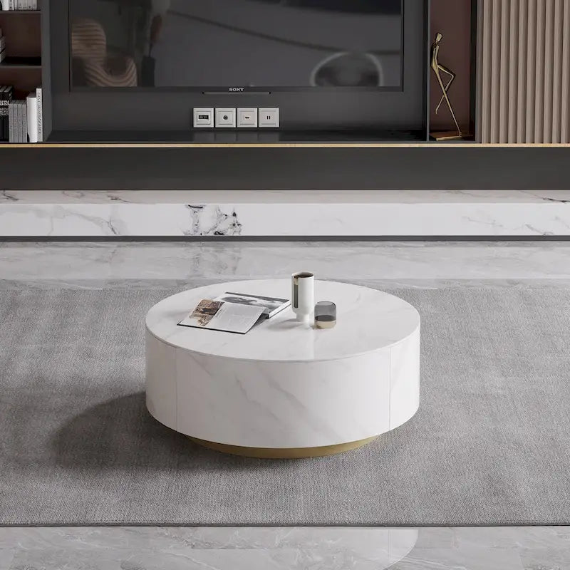 Modern Round Drum Coffee Table, Trapezoid White Marble Coffee Table For Living Room