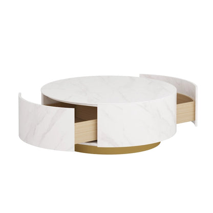 Modern Round Drum Coffee Table, Trapezoid White Marble Coffee Table For Living Room