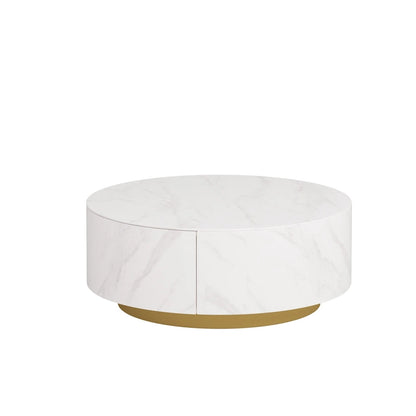 Modern Round Drum Coffee Table, Trapezoid White Marble Coffee Table For Living Room