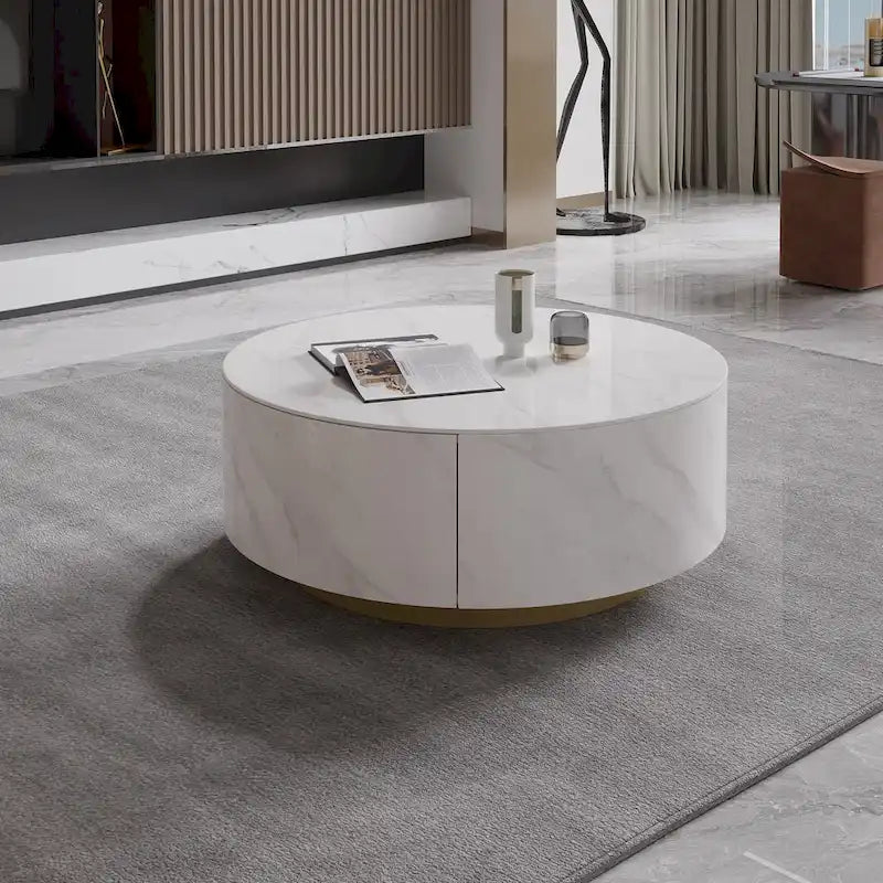 Modern Round Drum Coffee Table, Trapezoid White Marble Coffee Table For Living Room