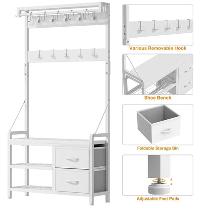Hall Tree with Bench, Can Divided into freestanding Shoe Bench and Wall Rack