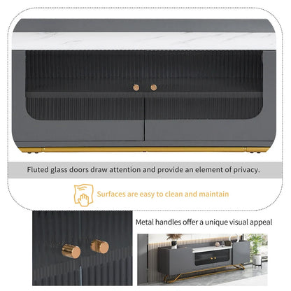 TV Stand with Fluted Glass, Entertainment Center for TVs Up to 70, Faux Marble Top TV Console Table with Gold Frame Base