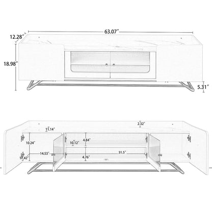 TV Stand with Fluted Glass, Entertainment Center for TVs Up to 70, Faux Marble Top TV Console Table with Gold Frame Base