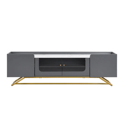 TV Stand with Fluted Glass, Entertainment Center for TVs Up to 70, Faux Marble Top TV Console Table with Gold Frame Base