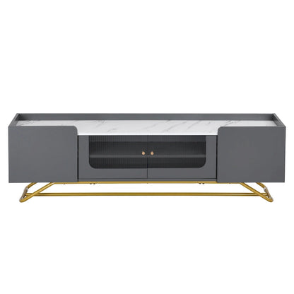 TV Stand with Fluted Glass, Entertainment Center for TVs Up to 70, Faux Marble Top TV Console Table with Gold Frame Base