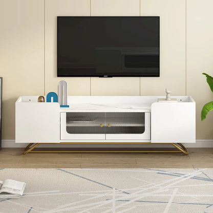 TV Stand with Fluted Glass, Entertainment Center for TVs Up to 70, Faux Marble Top TV Console Table with Gold Frame Base