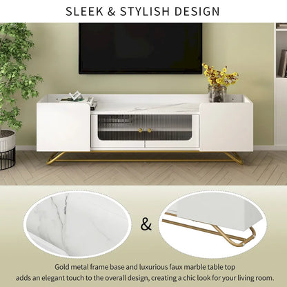 TV Stand with Fluted Glass, Entertainment Center for TVs Up to 70, Faux Marble Top TV Console Table with Gold Frame Base